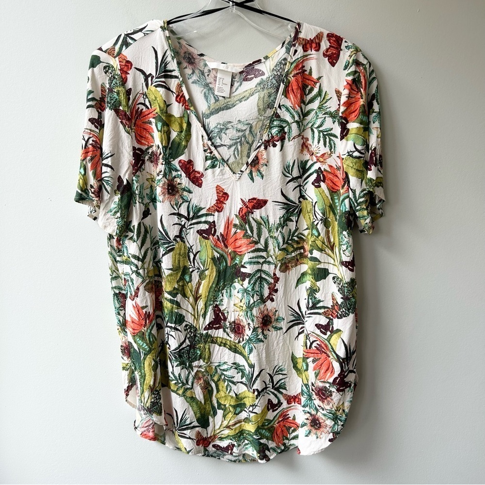 H&M tropical floral print v-neck blouse